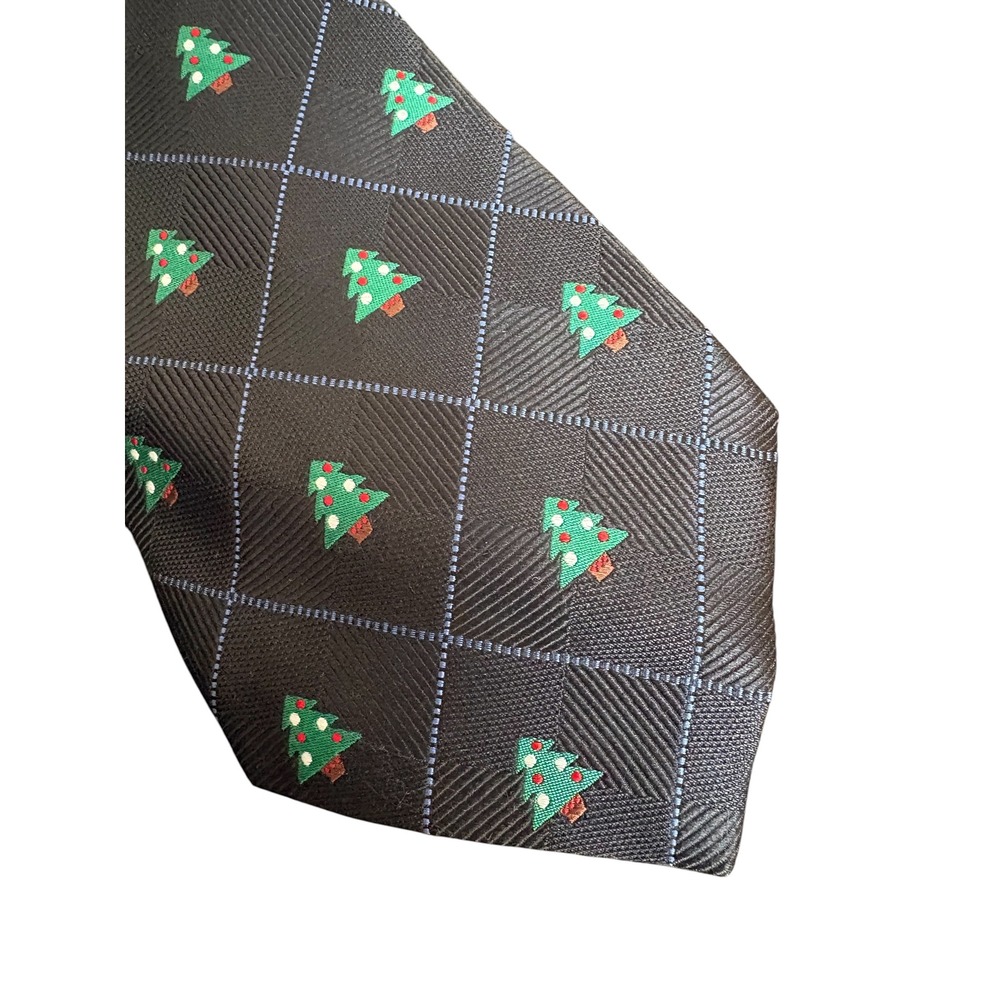 Cremeux Christmas Tree Novelty Tie Black Blue Grid Extra Long 62" x 4" Holiday